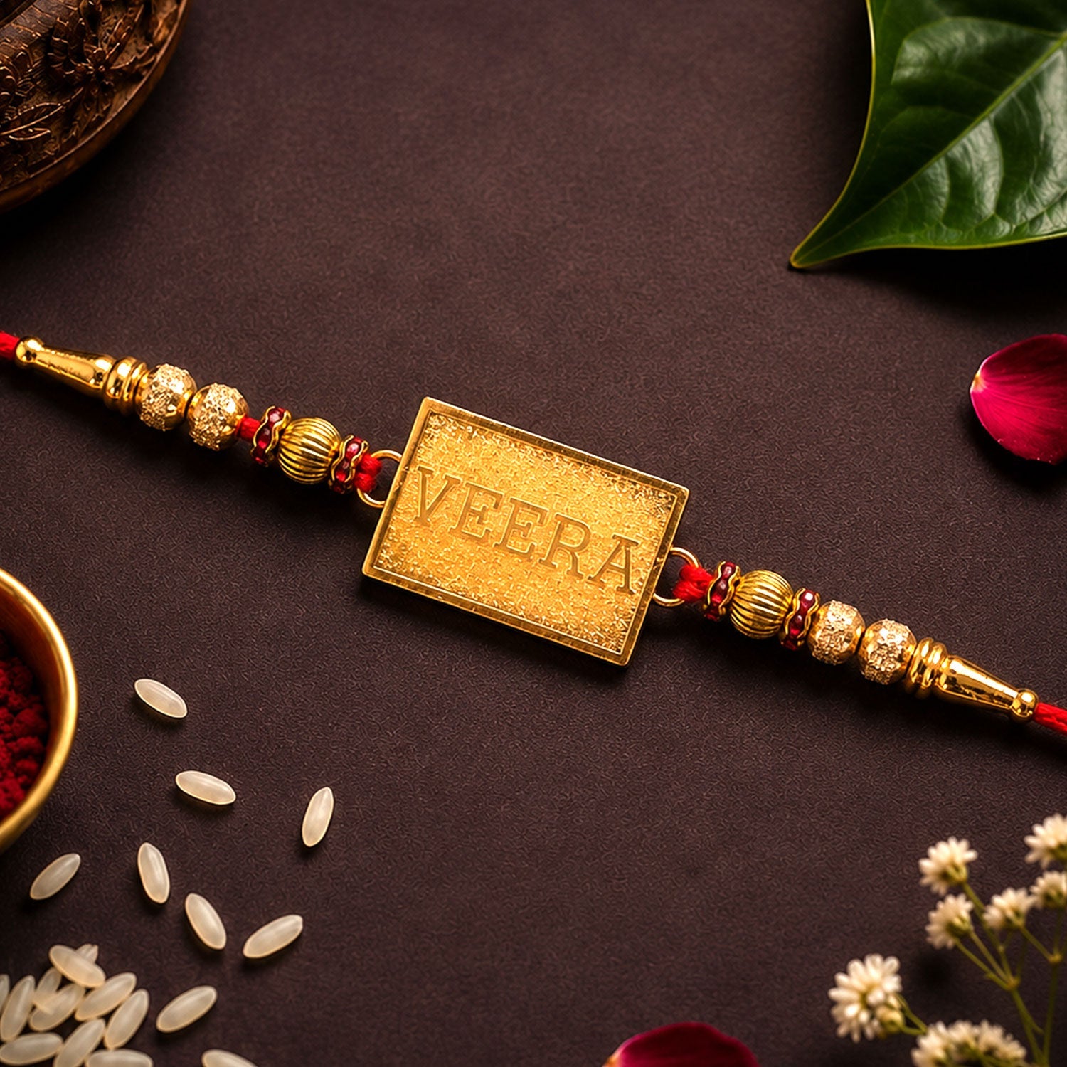 Veera Text Square Premium Beaded Traditional Rakhi for Brother
