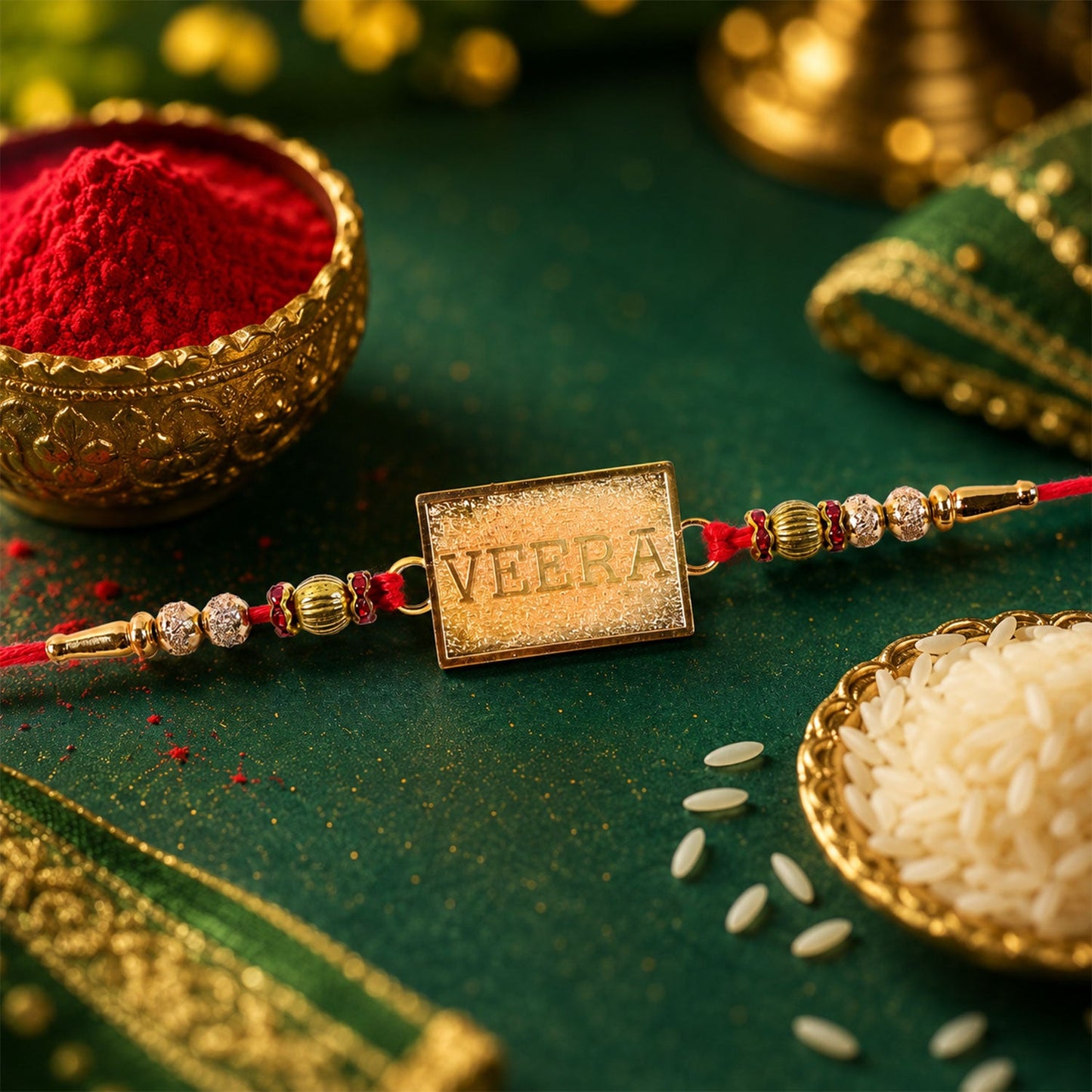 Veera Text Square Premium Beaded Traditional Rakhi for Brother