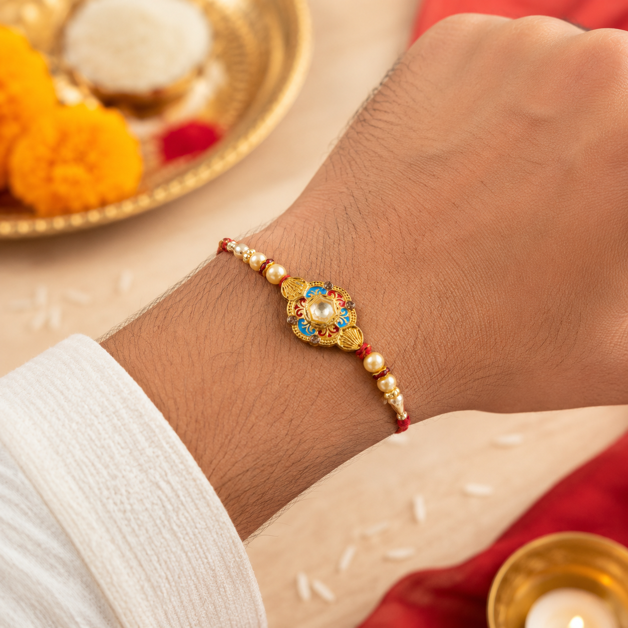 Premium Round Floral Stone Studded Designer Rakhi for Brother