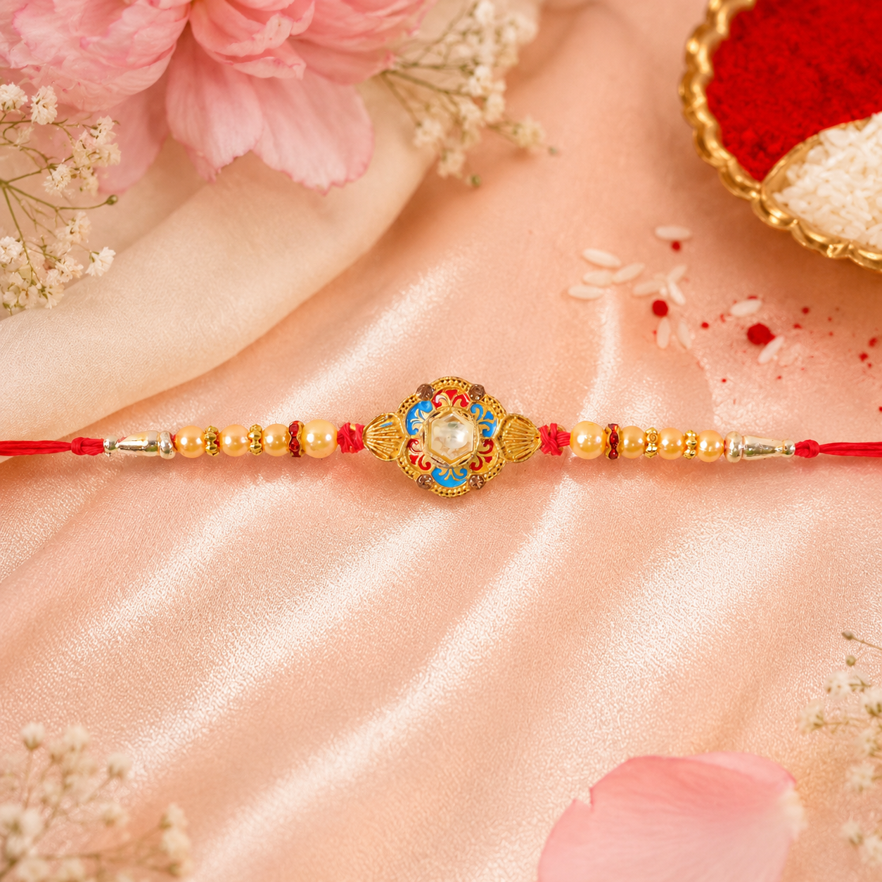 Premium Round Floral Stone Studded Designer Rakhi for Brother