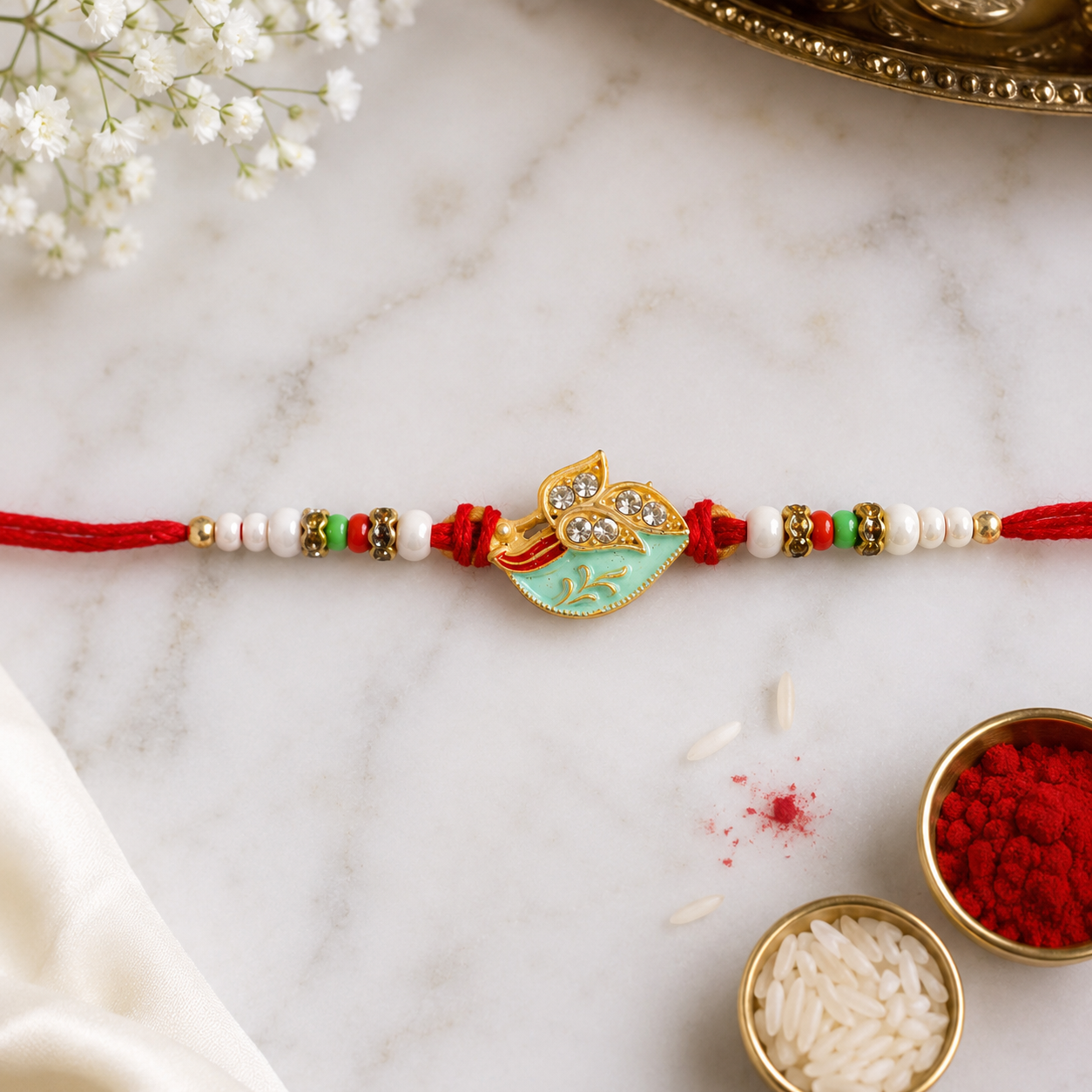 Premium Leaf Motif Traditional Beaded Designer Rakhi for Brother