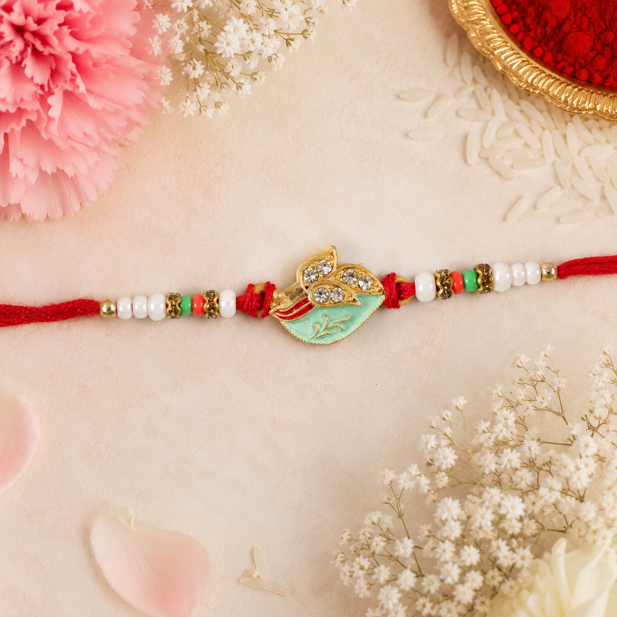 Premium Leaf Motif Traditional Beaded Designer Rakhi for Brother