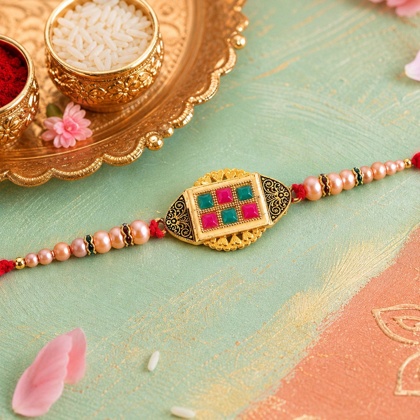 Elegant Kundan Stone Rakhi with Pearl Beadwork – Rakhi for Brother