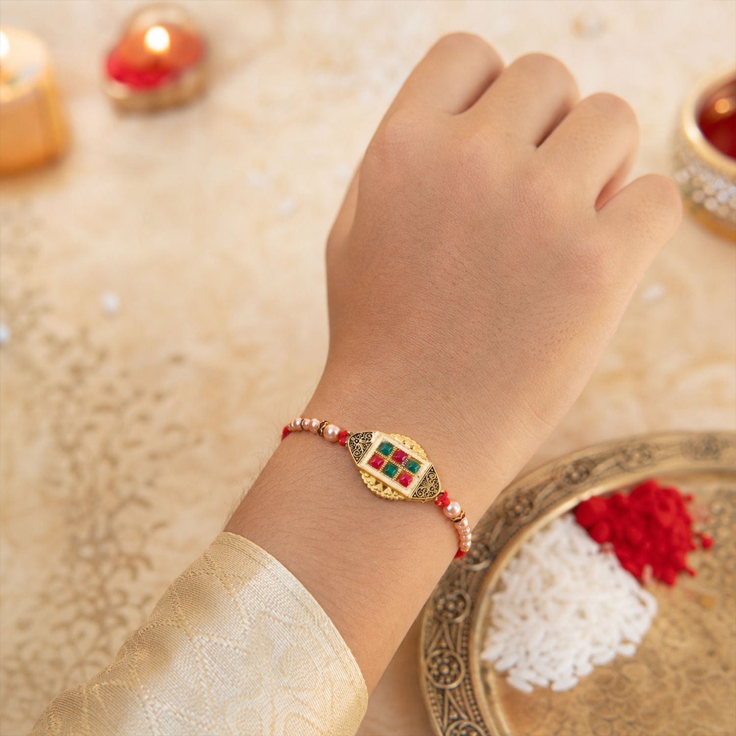 Elegant Kundan Stone Rakhi with Pearl Beadwork – Rakhi for Brother