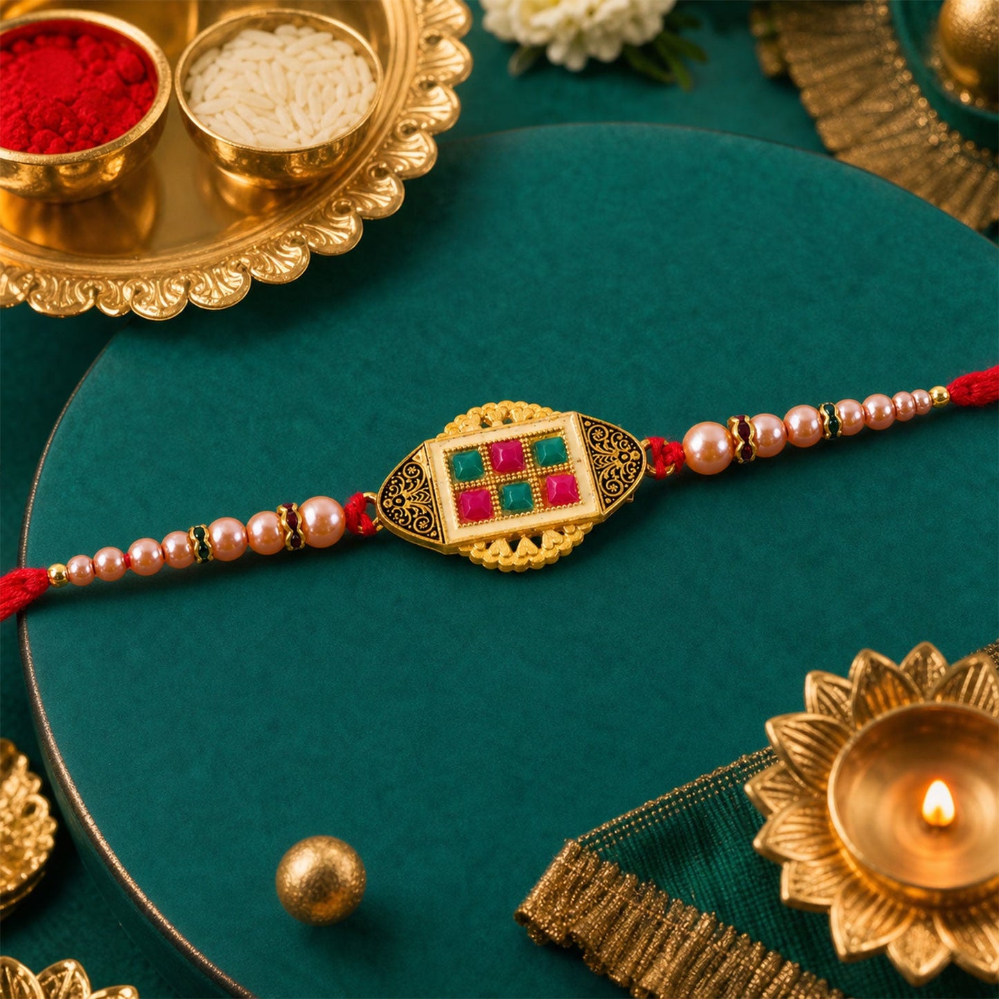 Elegant Kundan Stone Rakhi with Pearl Beadwork – Rakhi for Brother