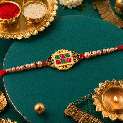 Elegant Kundan Stone Rakhi with Pearl Beadwork – Rakhi for Brother