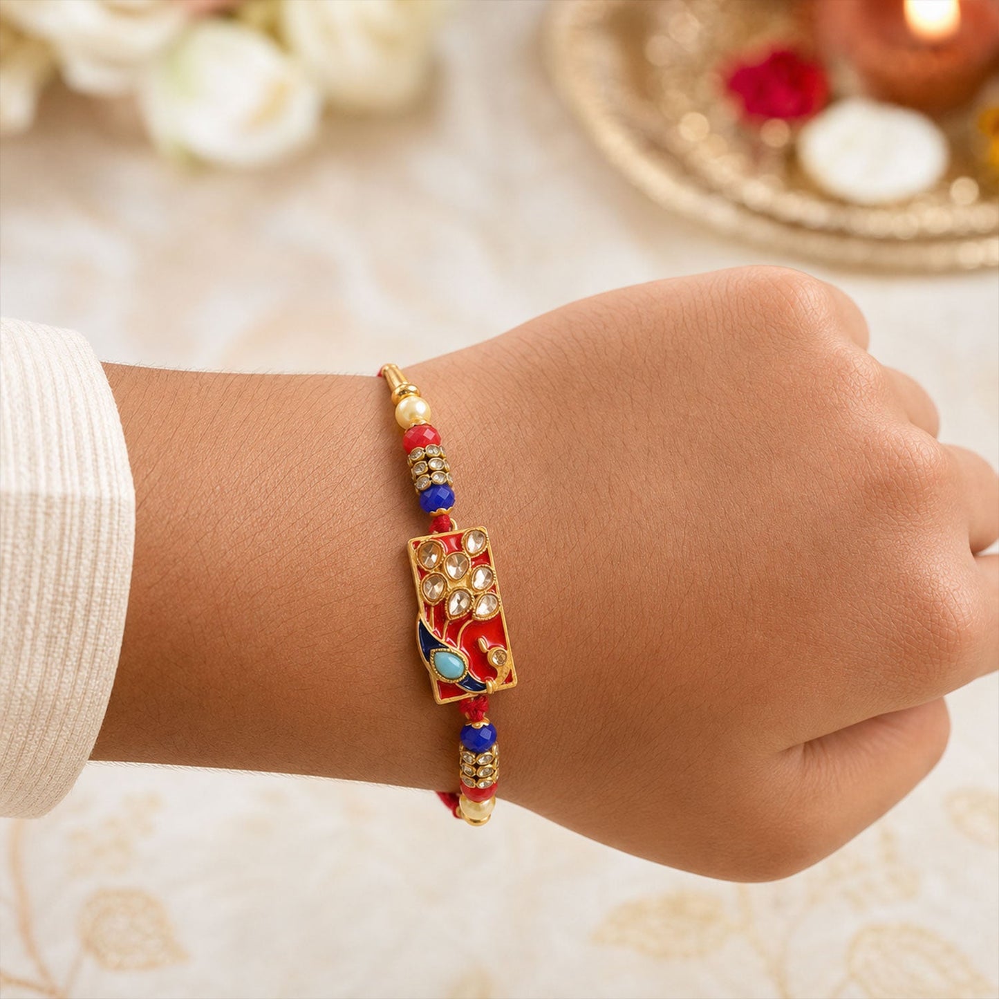 Peacock Paisley Stone Studded Premium Designer Rakhi for Brother