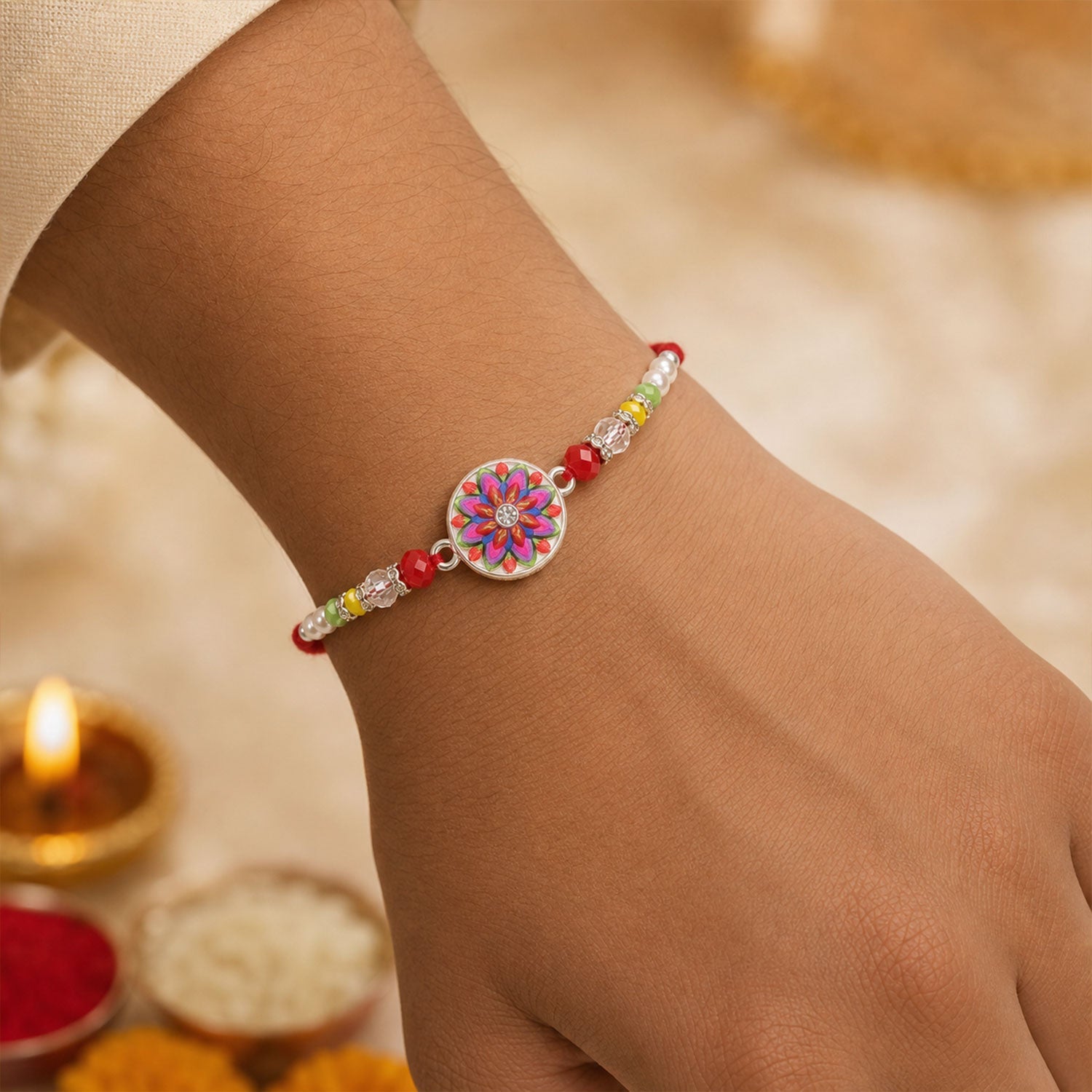 Floral Mandala Beaded Designer Premium Traditional Rakhi for Brother