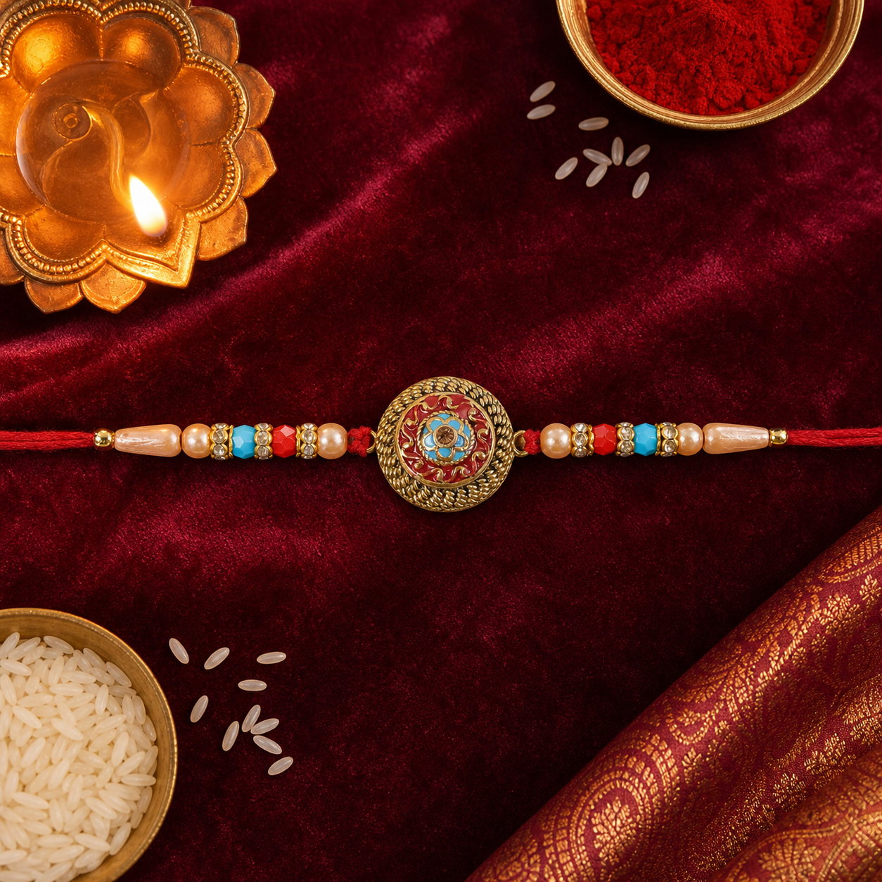 Premium Round Medallion Stone Studded Designer Rakhi for Brother