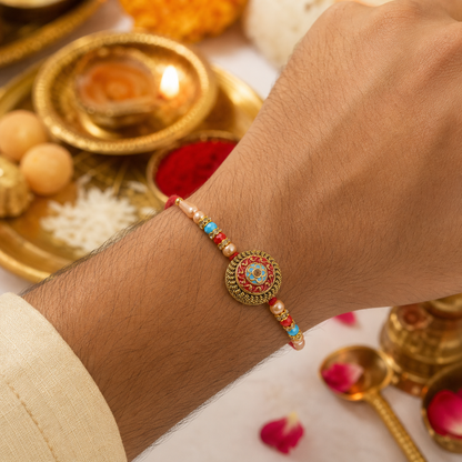 Premium Round Medallion Stone Studded Designer Rakhi for Brother
