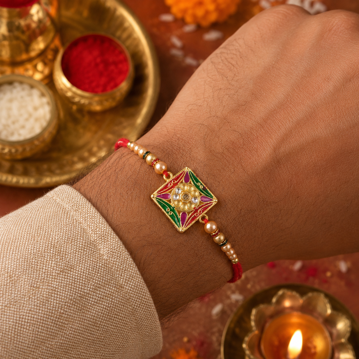 Premium Style Floral Stone Traditional Rakhi for Brother