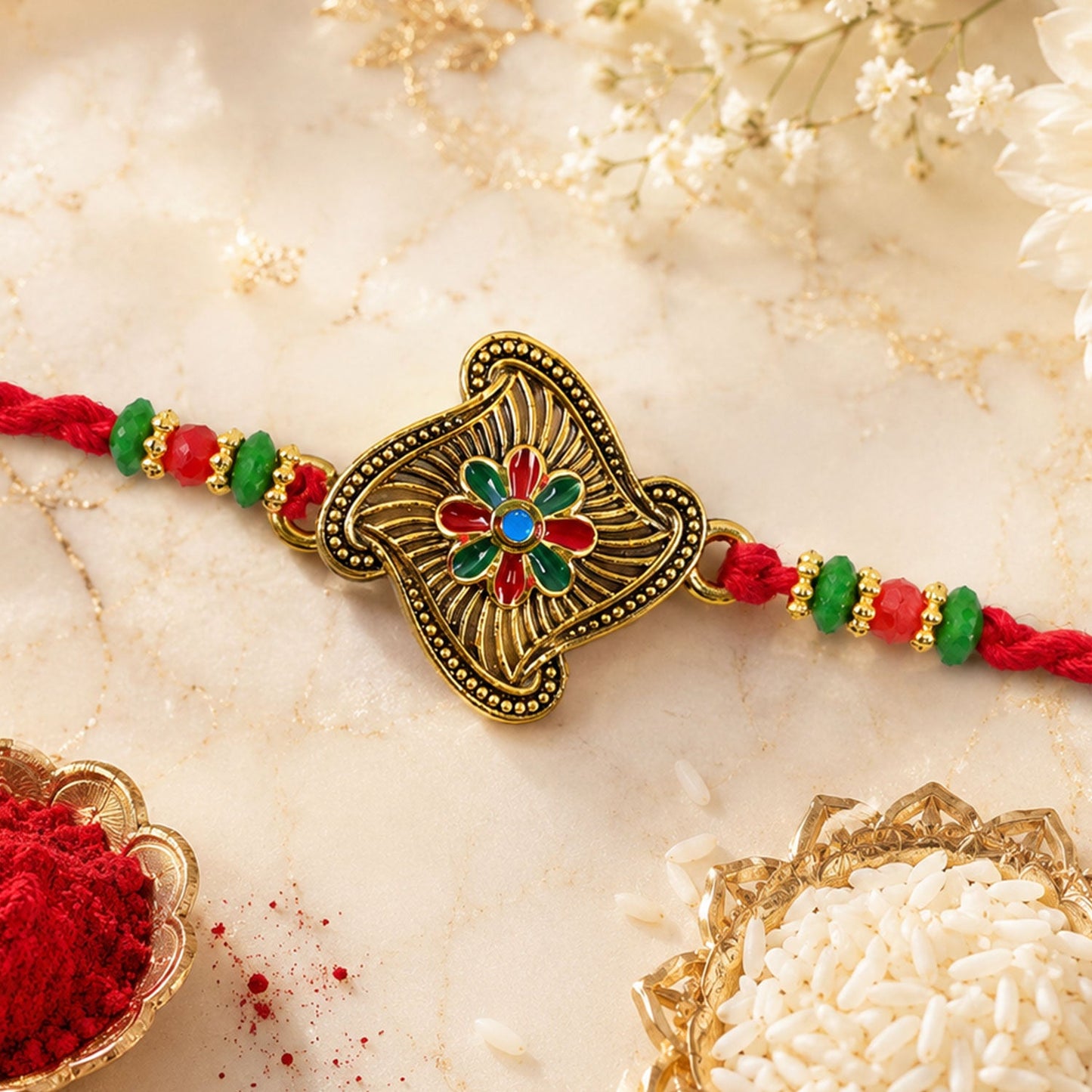 Floral Square Stone Studded Premium Designer Rakhi for Brother
