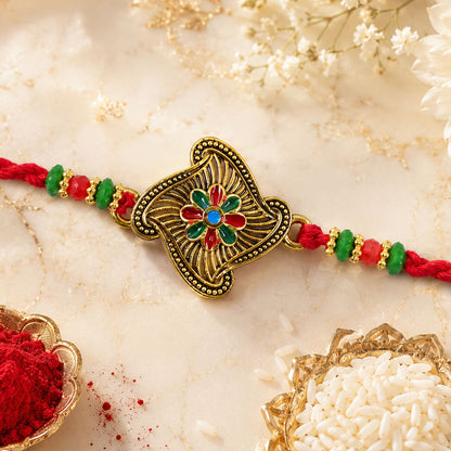 Floral Square Stone Studded Premium Designer Rakhi for Brother