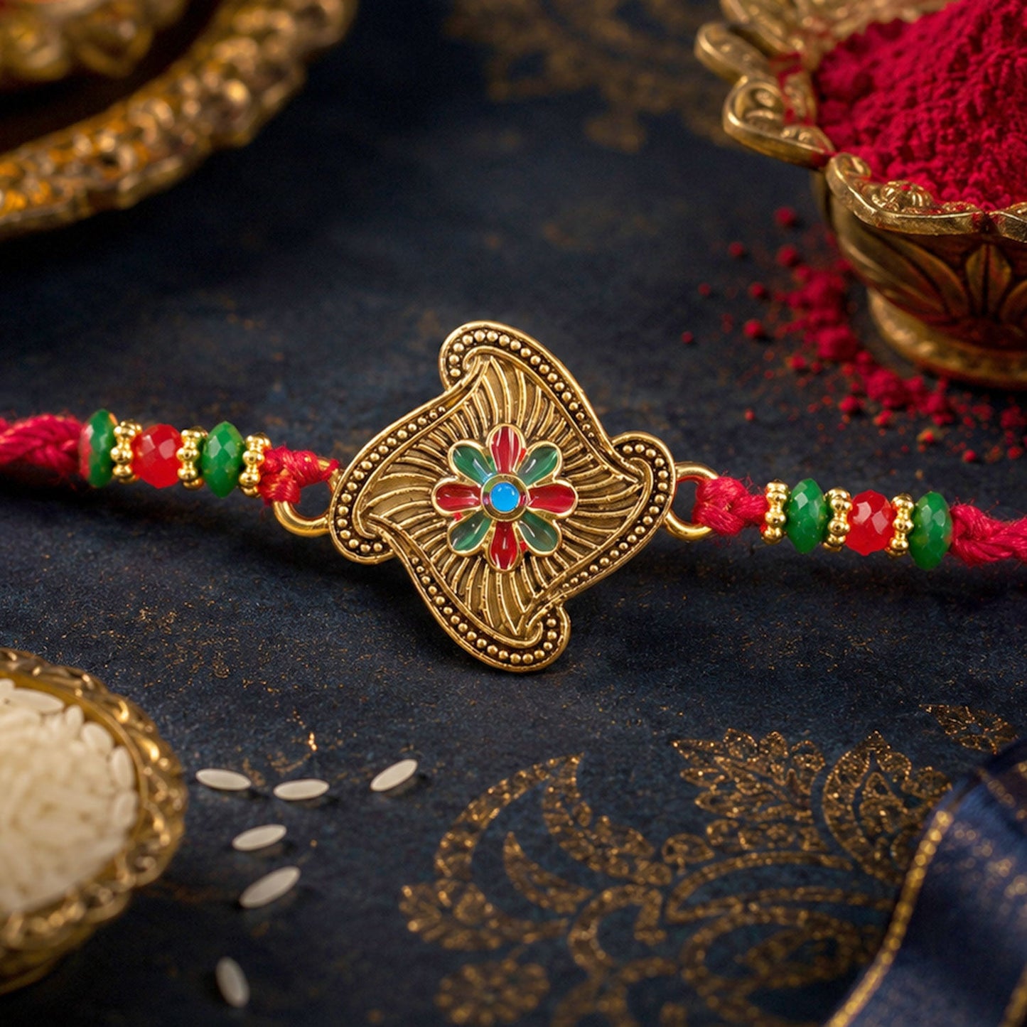 Floral Square Stone Studded Premium Designer Rakhi for Brother