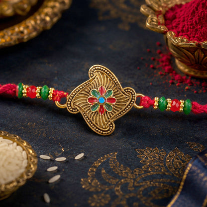 Floral Square Stone Studded Premium Designer Rakhi for Brother