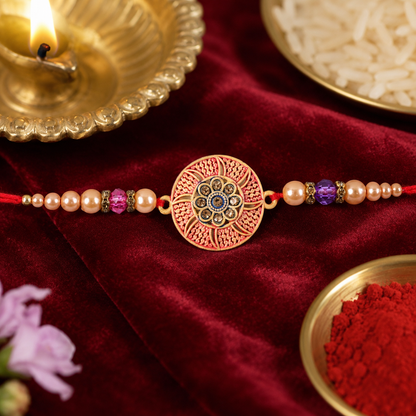 Round Medallion Stone Studded Premium Designer Rakhi for Brother
