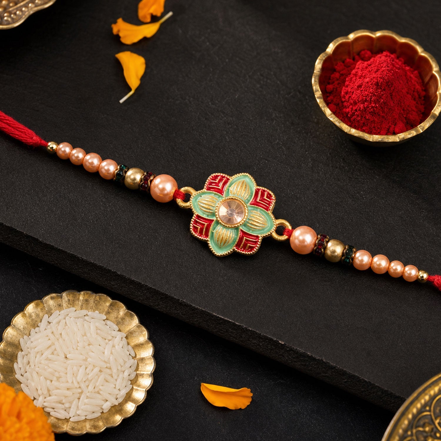 Premium Floral Clover Motif Beaded Premium Designer Rakhi for Brother