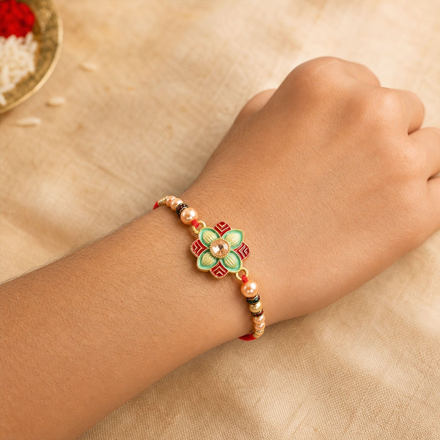 Premium Floral Clover Motif Beaded Premium Designer Rakhi for Brother