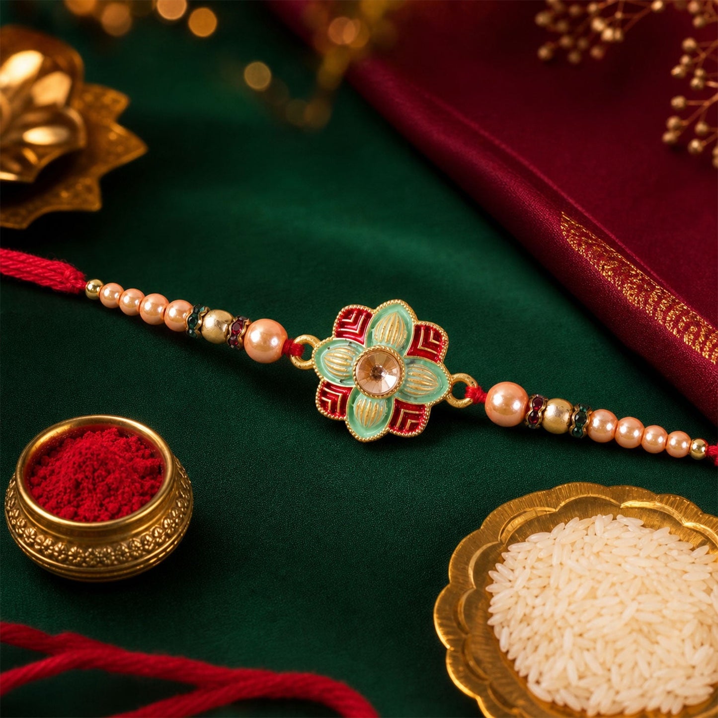 Premium Floral Clover Motif Beaded Premium Designer Rakhi for Brother