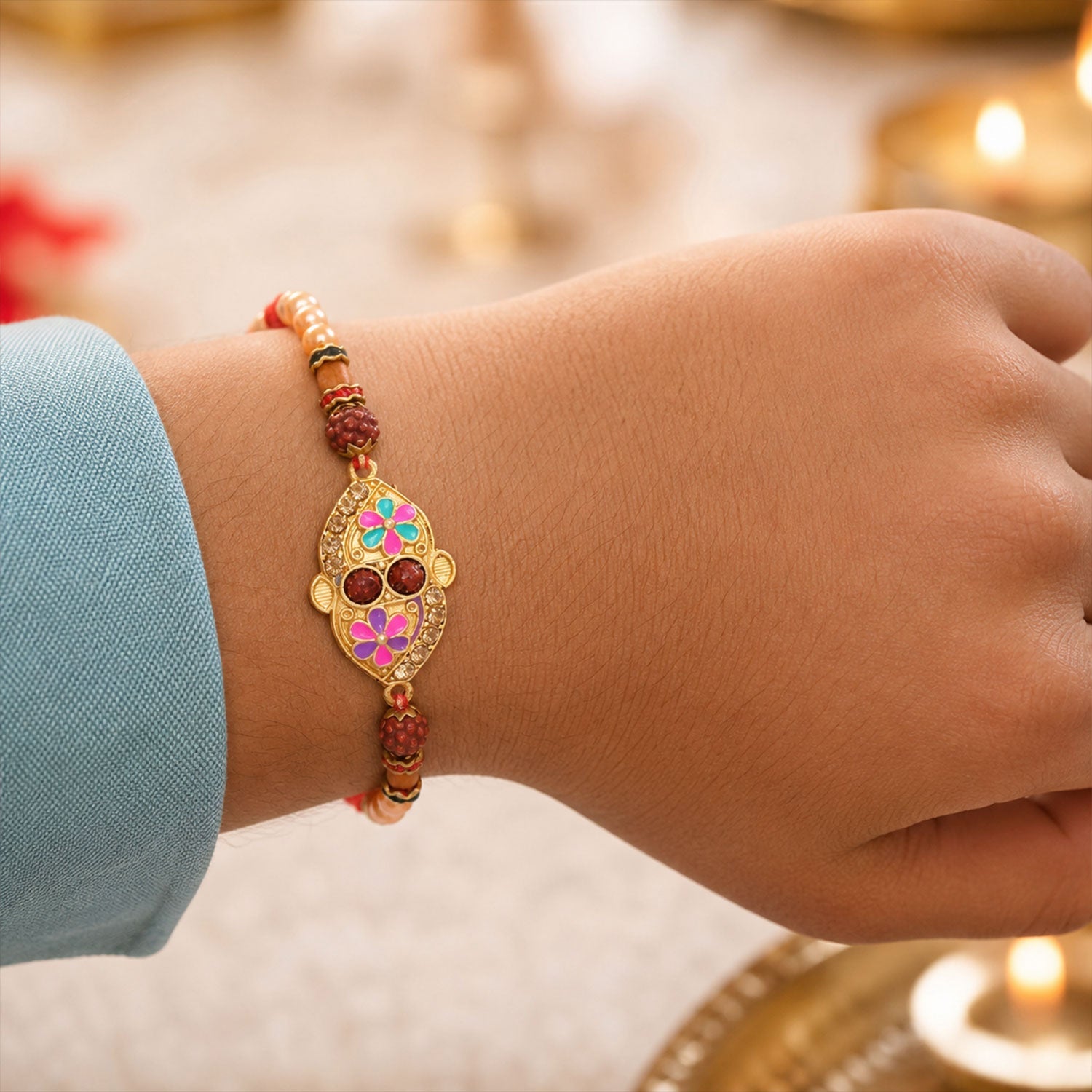Designer Enamel Flower Rakhi with Rudraksha Beads – Rakhi for Brother