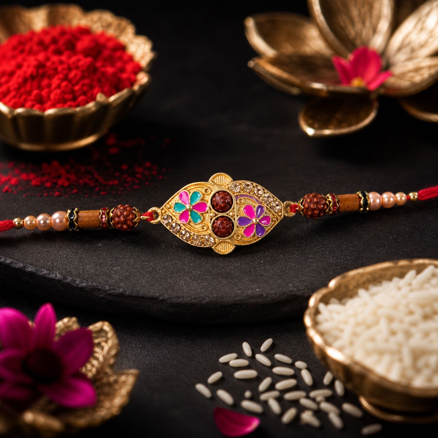 Designer Enamel Flower Rakhi with Rudraksha Beads – Rakhi for Brother