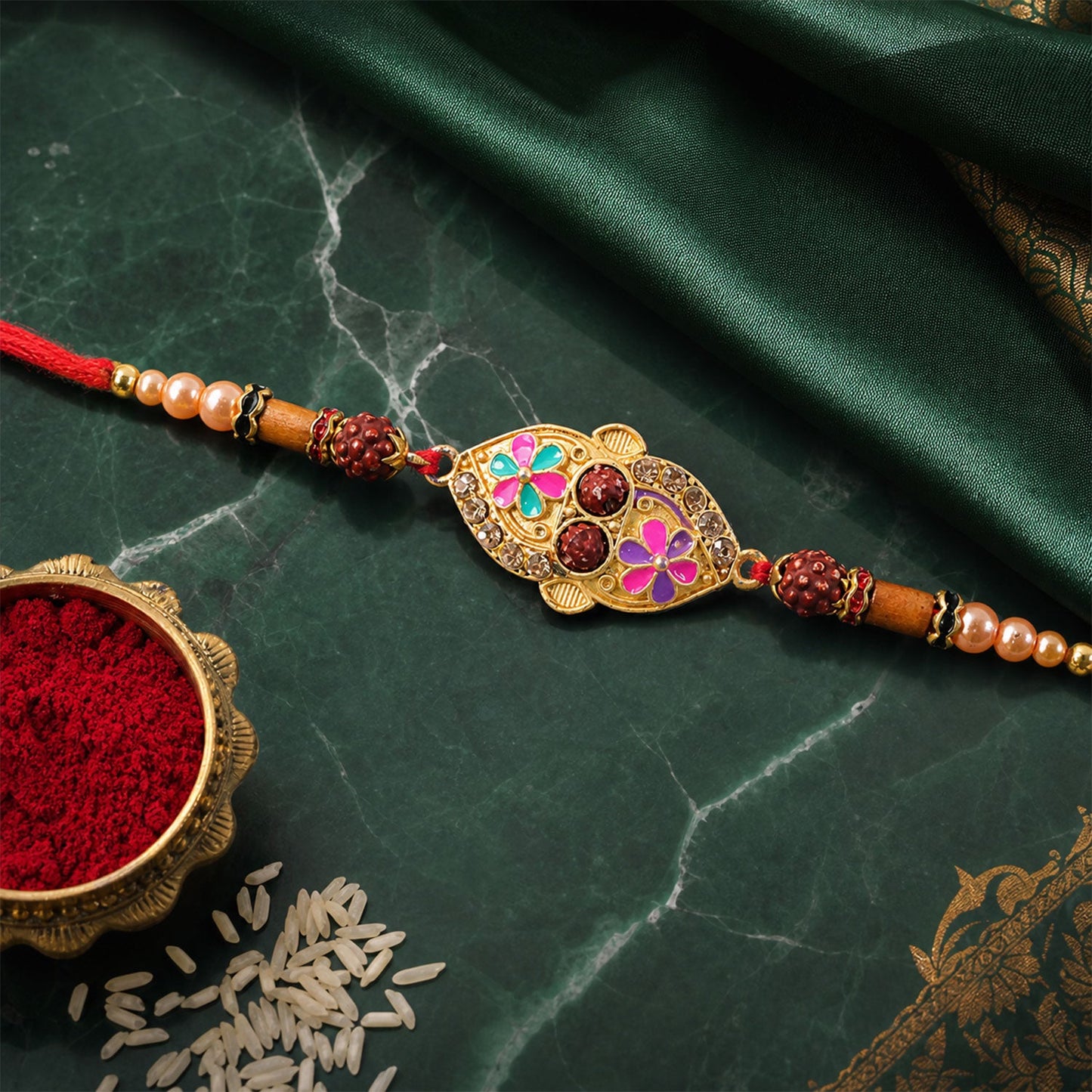 Designer Enamel Flower Rakhi with Rudraksha Beads – Rakhi for Brother