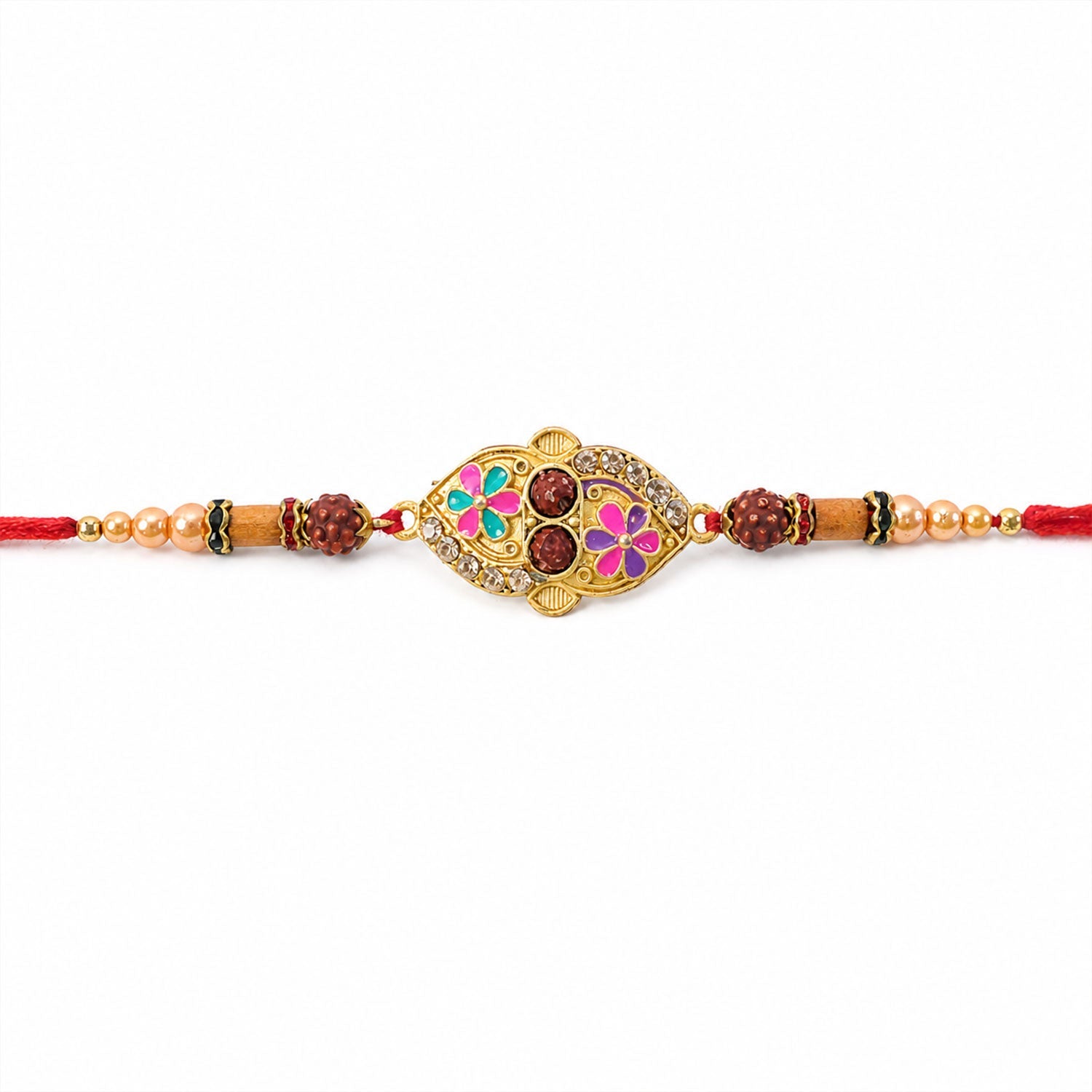 Designer Enamel Flower Rakhi with Rudraksha Beads – Rakhi for Brother