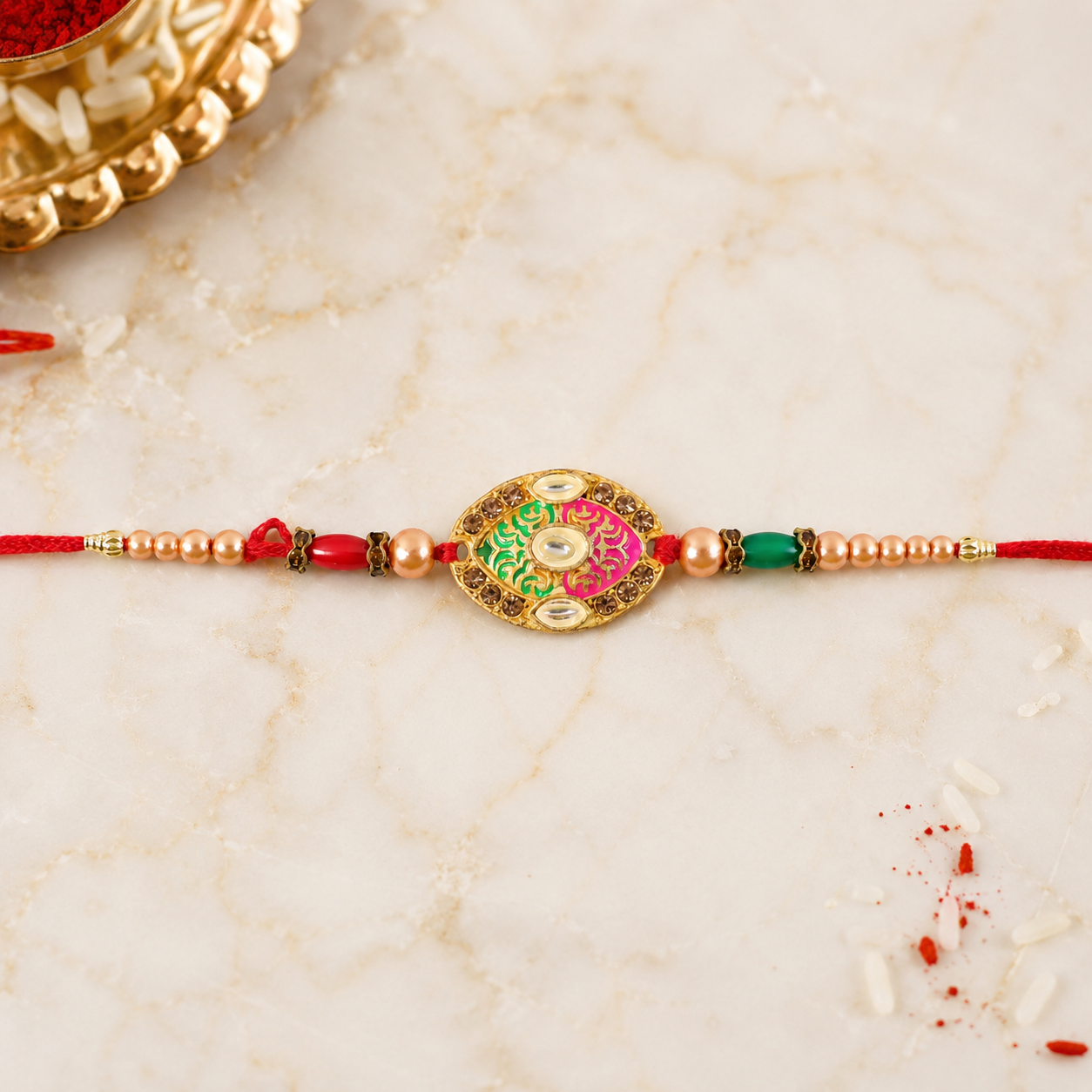 Premium Floral Round Beaded Designer Traditional Rakhi for Brother