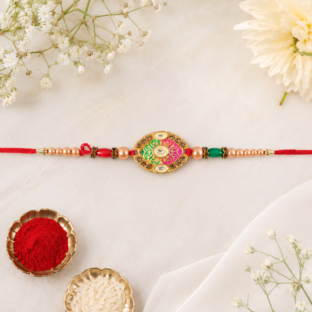 Premium Floral Round Beaded Designer Traditional Rakhi for Brother