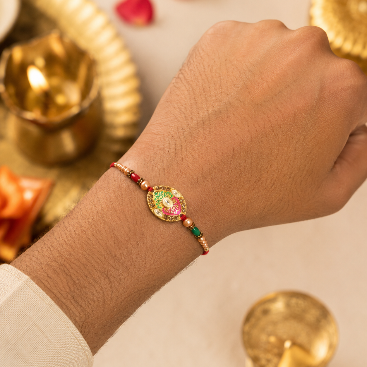 Premium Floral Round Beaded Designer Traditional Rakhi for Brother