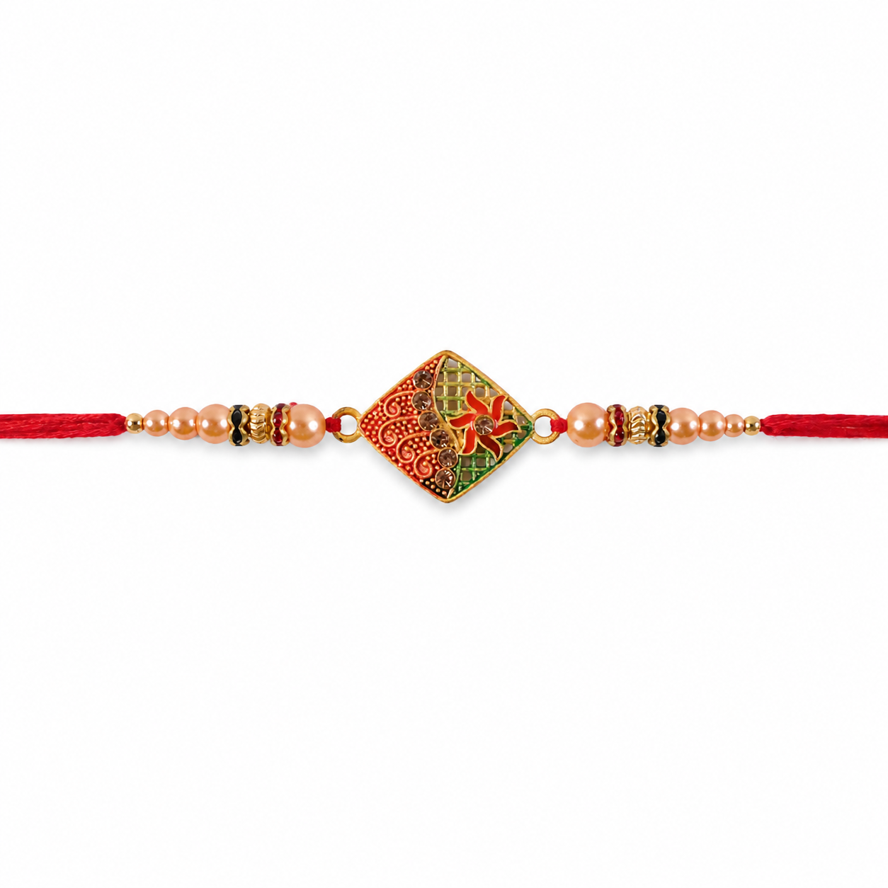 Designer Enamel Diamond Rakhi with Pearl Beadwork – Rakhi for Brother