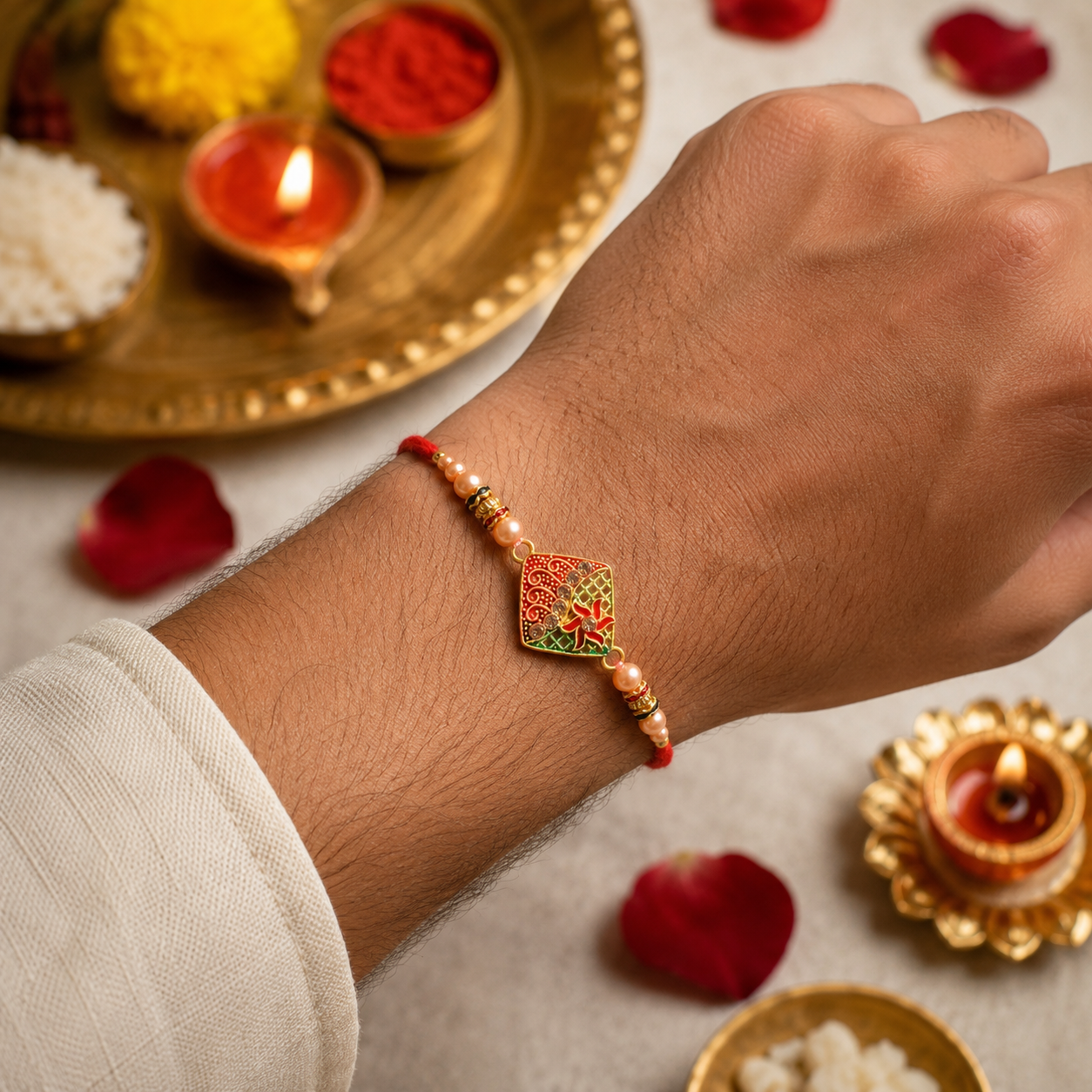 Designer Enamel Diamond Rakhi with Pearl Beadwork – Rakhi for Brother