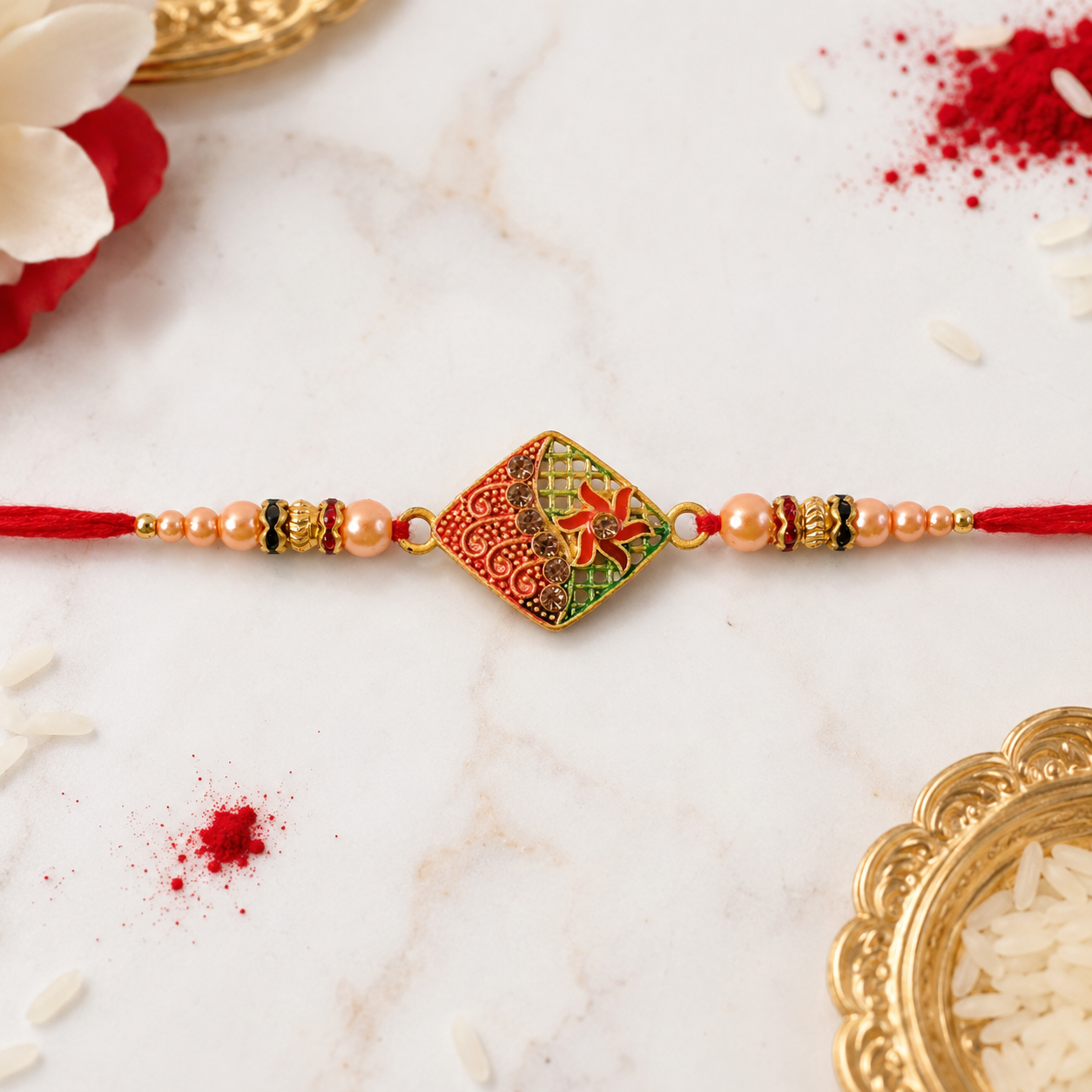 Designer Enamel Diamond Rakhi with Pearl Beadwork – Rakhi for Brother