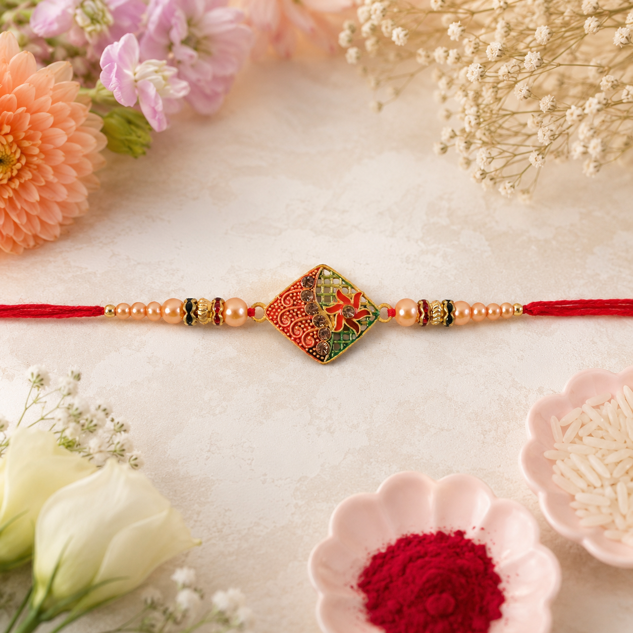 Designer Enamel Diamond Rakhi with Pearl Beadwork – Rakhi for Brother