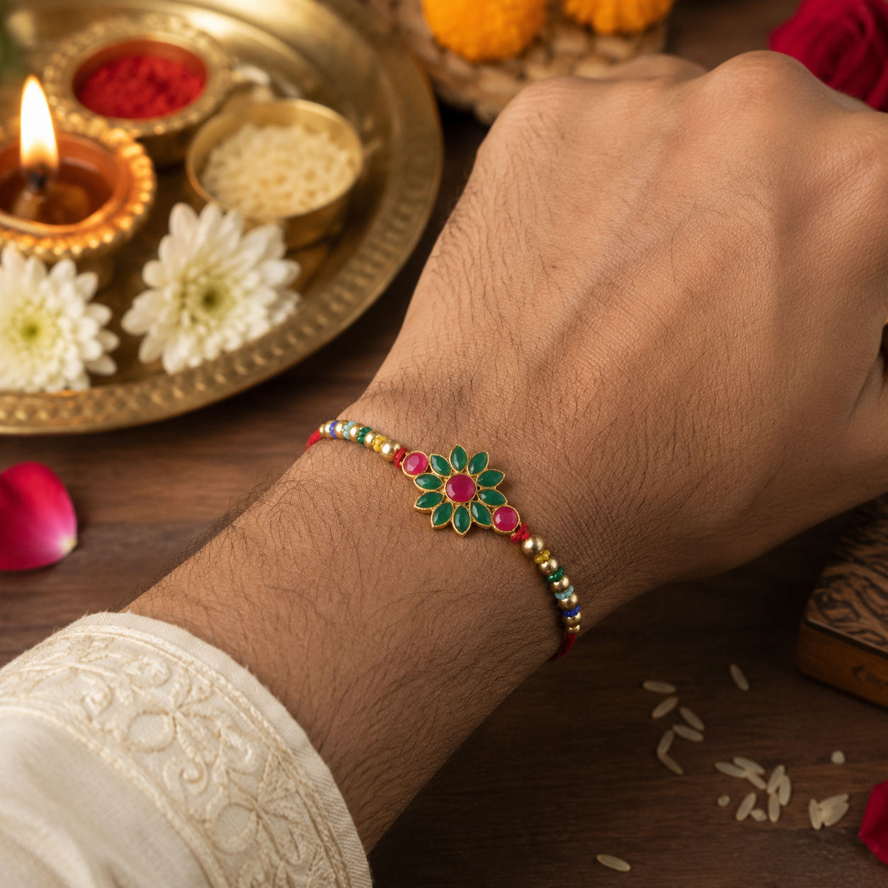 Premium Floral Clover Motif Beaded Designer Rakhi for Brother