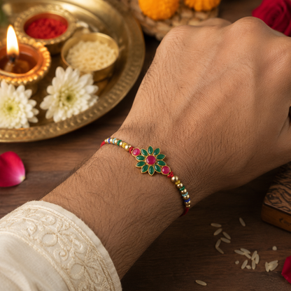 Premium Floral Clover Motif Beaded Designer Rakhi for Brother