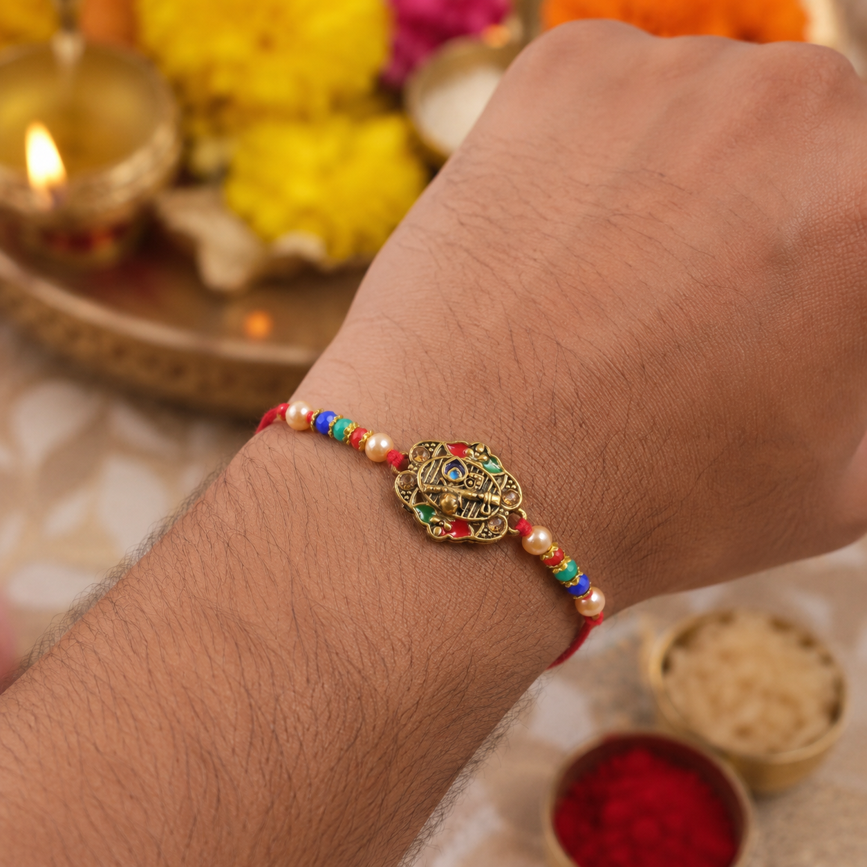 Premium Krishna Flute Motif Beaded Designer Rakhi for Brother