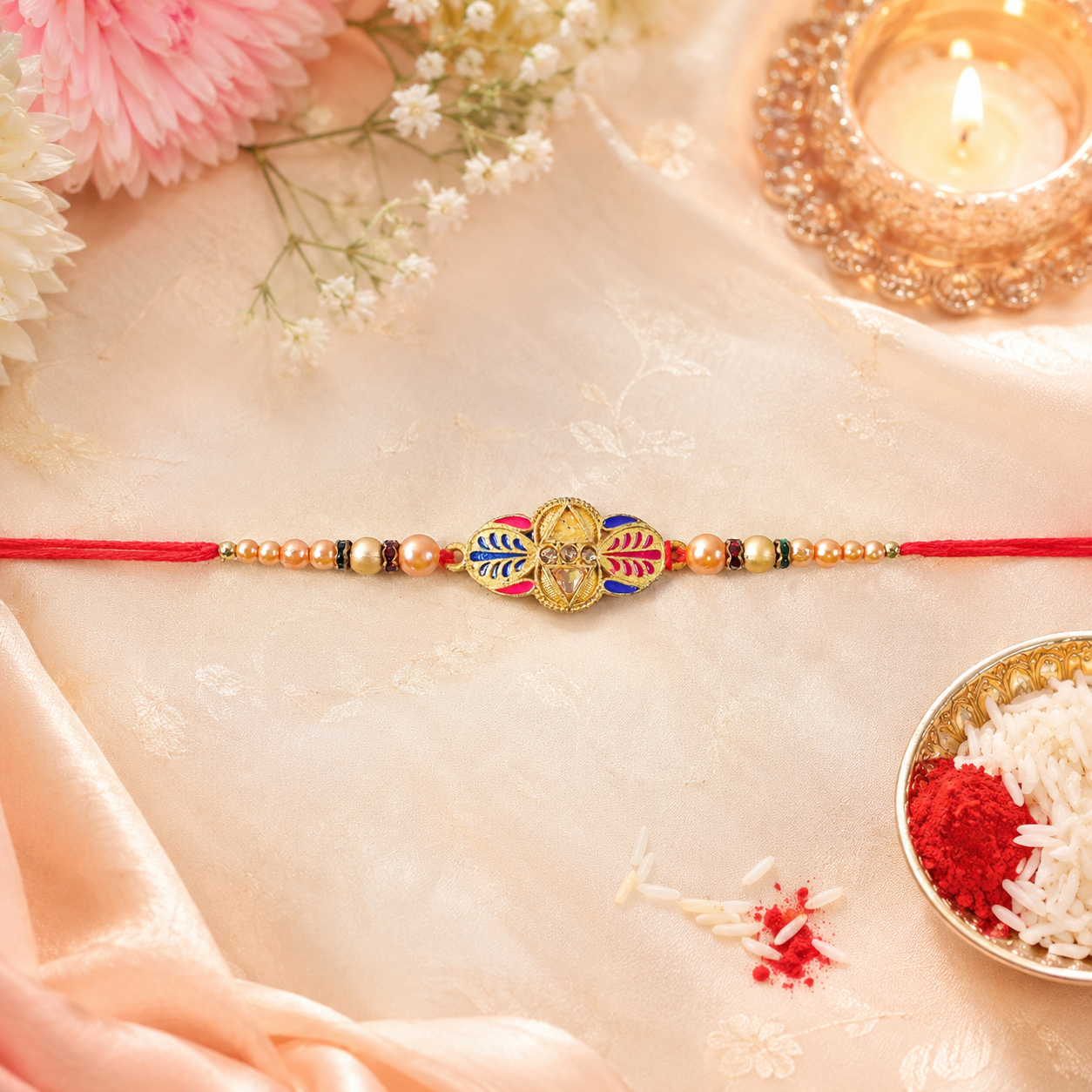 Premium Traditional Leaf Motif Pearl Beads Designer Rakhi For Brother