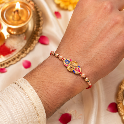Premium Traditional Leaf Motif Pearl Beads Designer Rakhi For Brother
