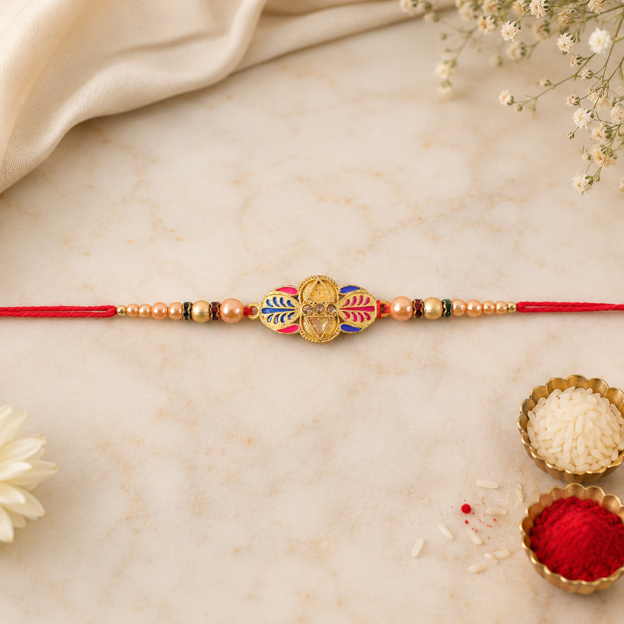 Premium Traditional Leaf Motif Pearl Beads Designer Rakhi For Brother