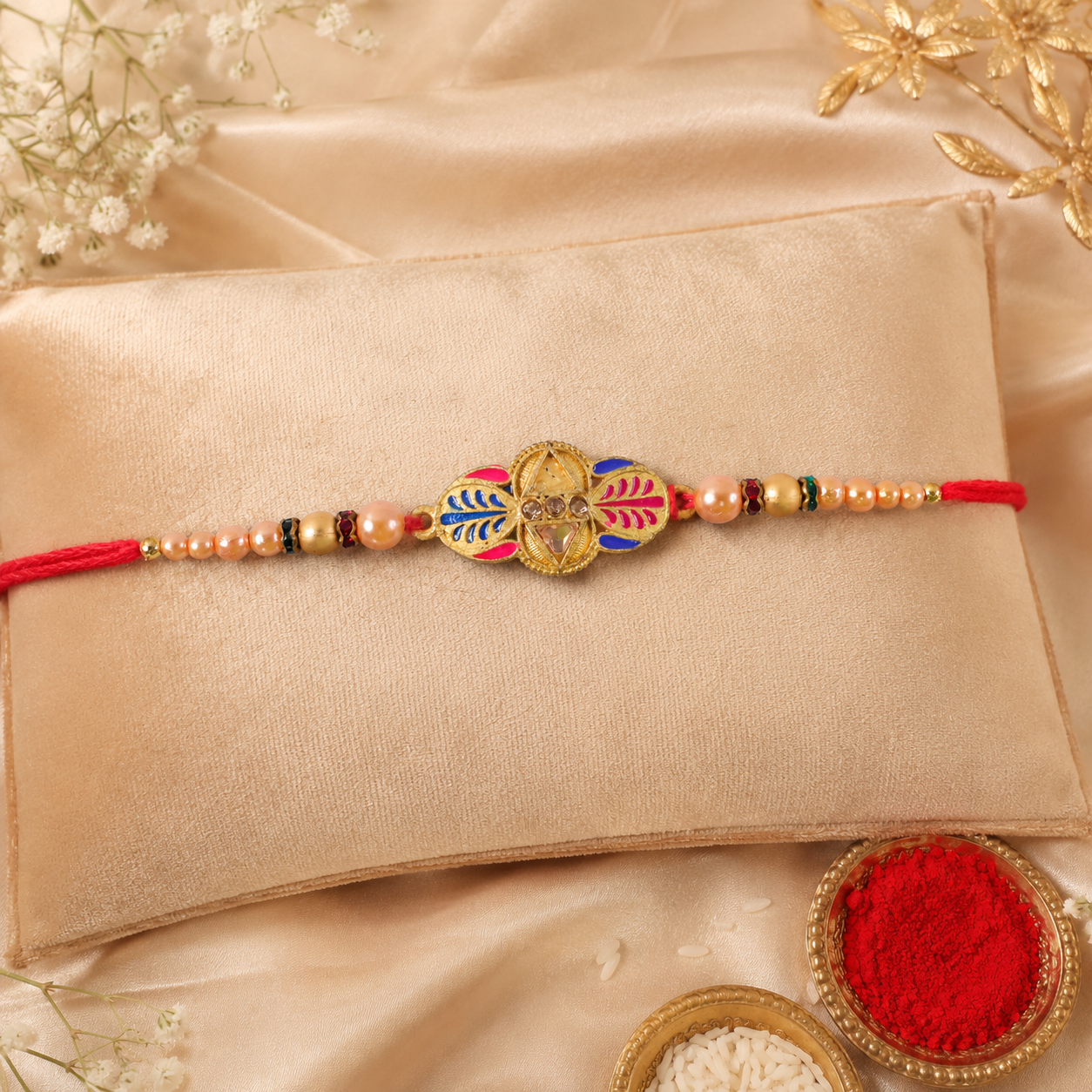 Premium Traditional Leaf Motif Pearl Beads Designer Rakhi For Brother
