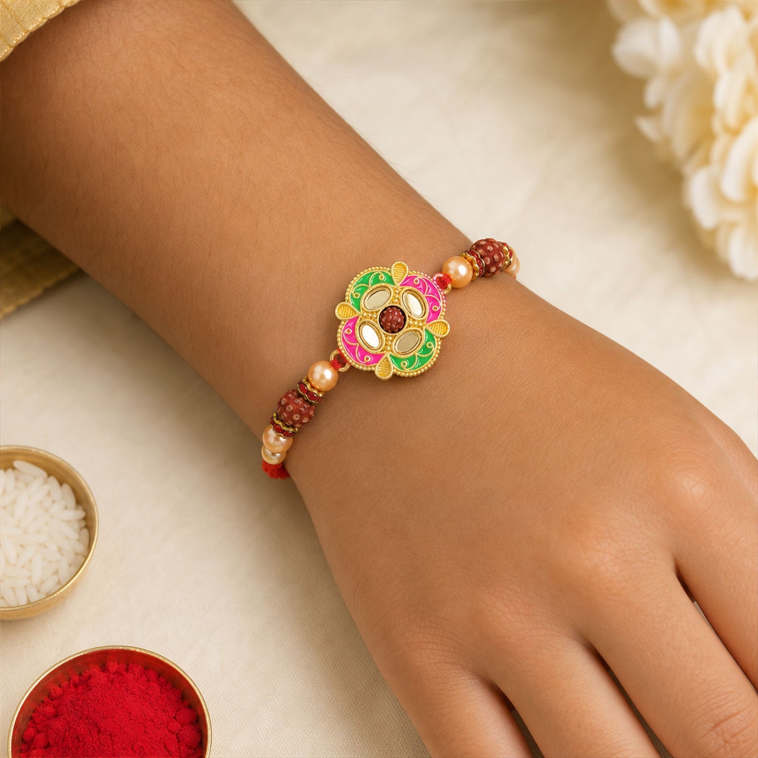 Premium Floral Stone Studded Designer Premium Traditional Rakhi for Brother