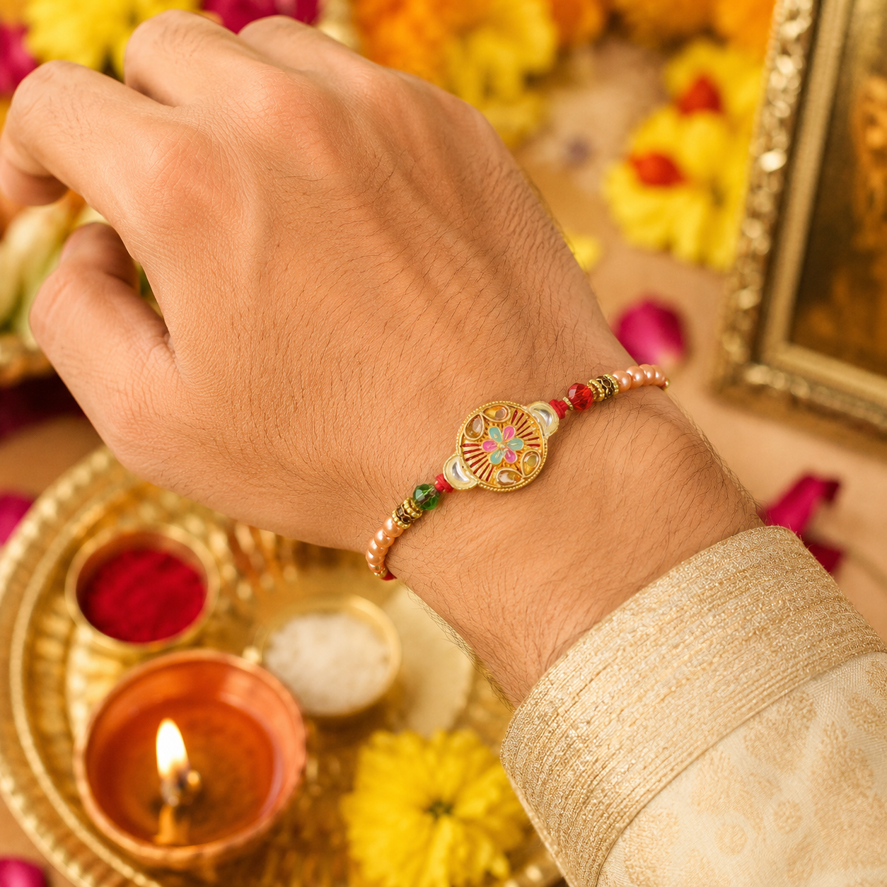 Round Mandala Beaded Designer Premium Traditional Rakhi for Brother