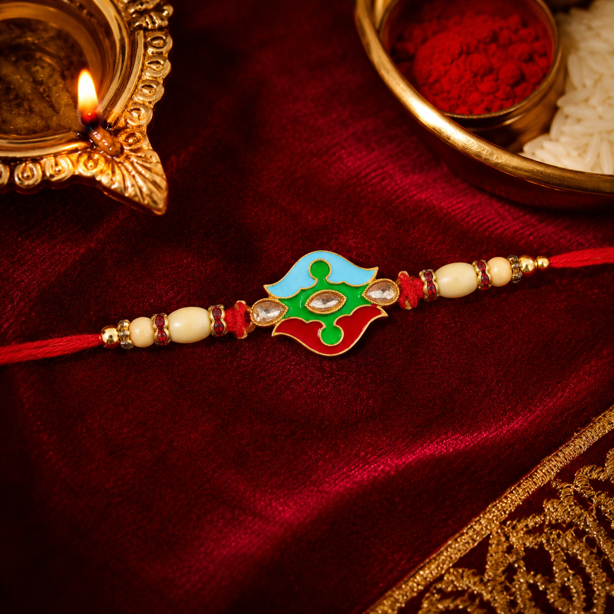 Premium Floral Swirl Beaded Designer Premium Traditional Rakhi for Brother