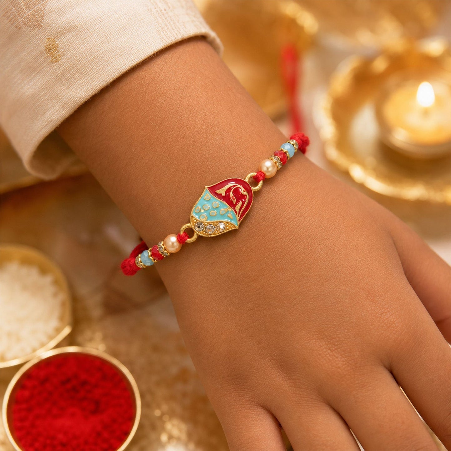 Premium Elegant Meenakari Oval Rakhi with Beadwork – Rakhi for Brother