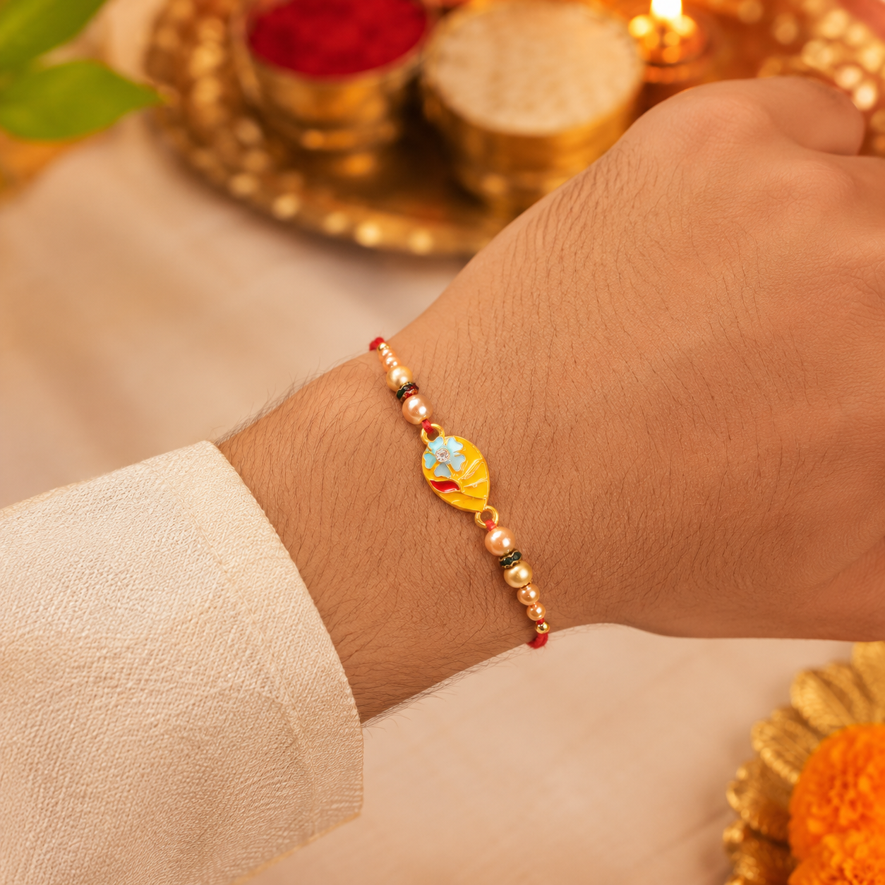 Premium Traditional Meenakari Oval Rakhi with Pearls – Rakhi for Brother