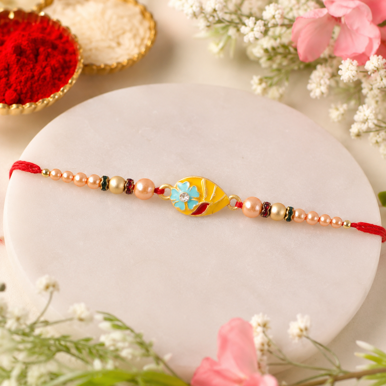 Premium Traditional Meenakari Oval Rakhi with Pearls – Rakhi for Brother