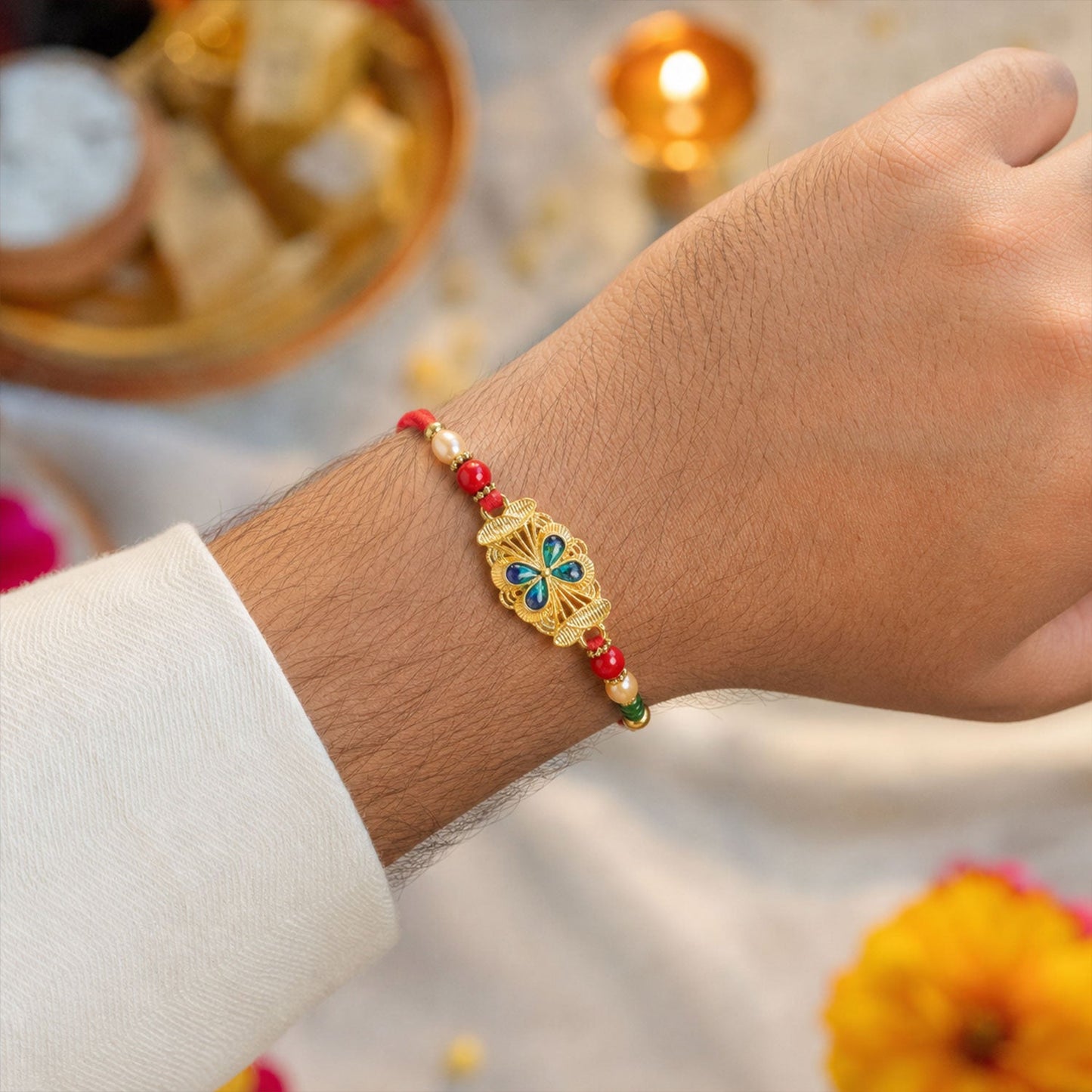Elegant Meenakari Floral Rakhi with Beadwork – Rakhi for Brother