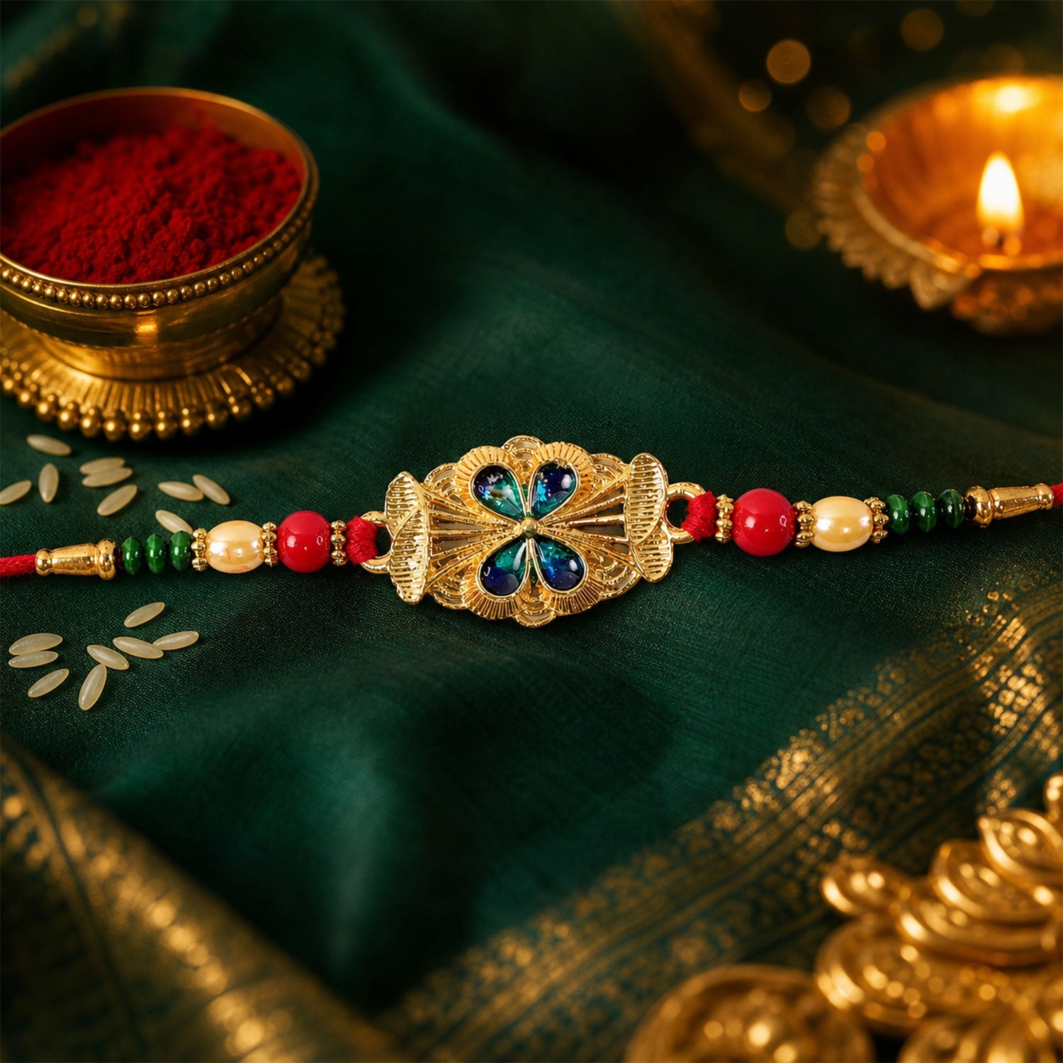 Elegant Meenakari Floral Rakhi with Beadwork – Rakhi for Brother