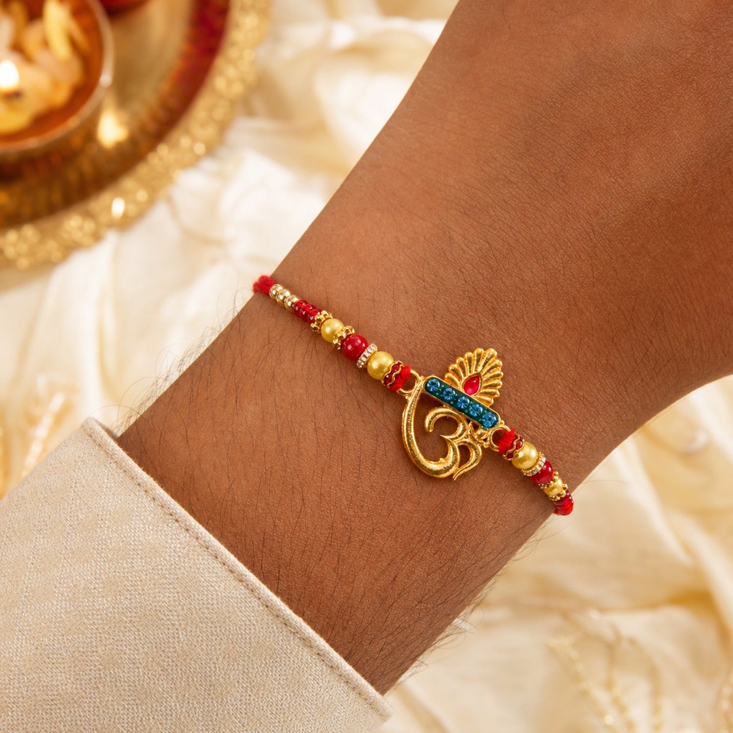 Om Ganesha Pearl Beads Rakhi for Brother Bhai Raksha Bandhan Festival Special Gift